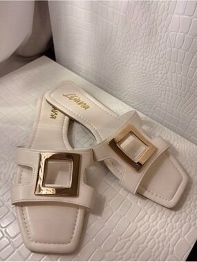 Liliana Cream Slide Sandals with Gold Square Buckle